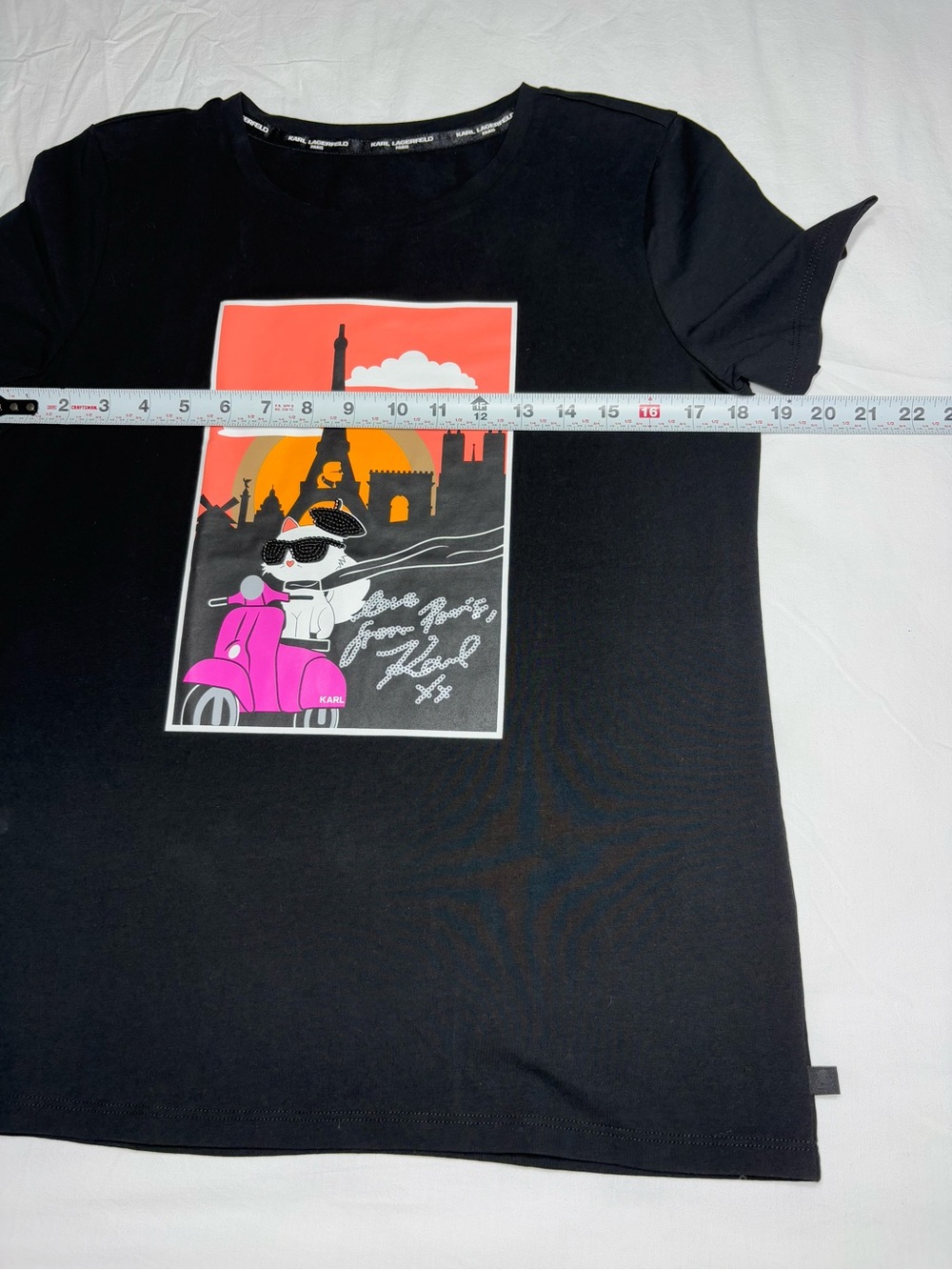 Karl Lagerfeld Black Tee with Pink Scooter Paris Graphic - Picture 6 of 11